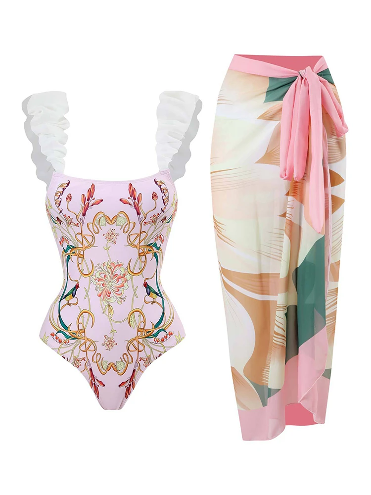 

One Piece Swimsuit Women 2023 New Print Chiffon Sling Swimwear Bodysuit Sexy Monokini Summer Beach Cover Up Bathing Suit Female