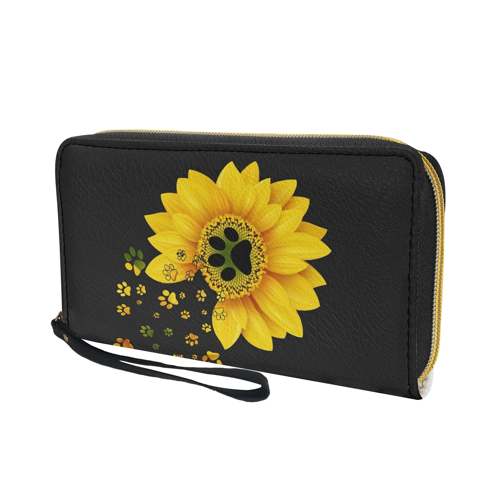 Belidome Sunflower Dog Footprint Women Wristlet Wallet Soft Leather Zip Long Purse RFID Blocking Card Holder Clutch Organizer