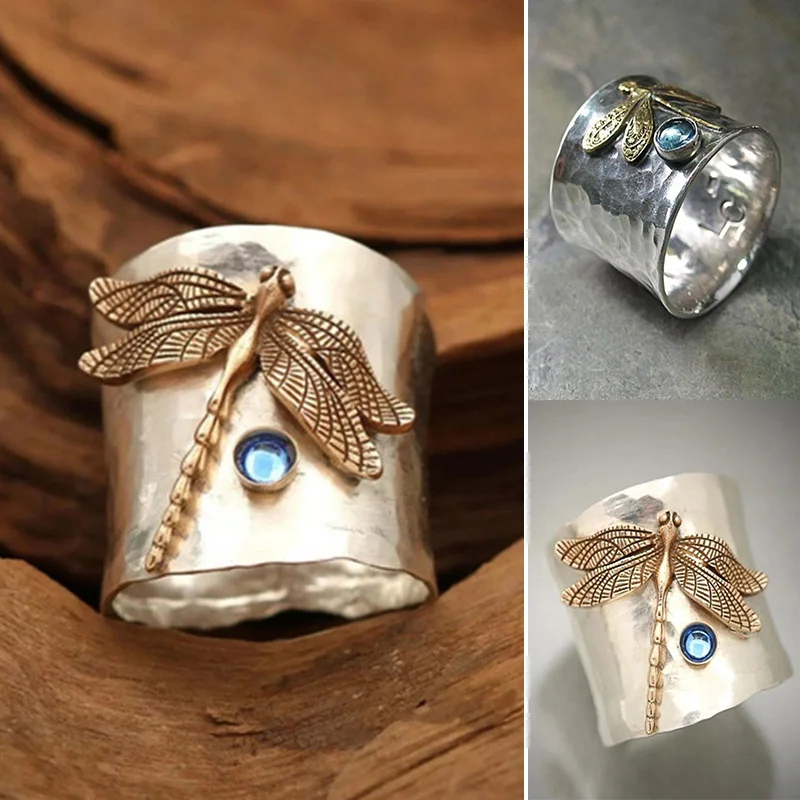 

Vintage Dragonfly Rings for Women Men Fashion Blue Crystal Women's Promise Ring Aesthetic Silver Gold Plated Jewelry Accessories