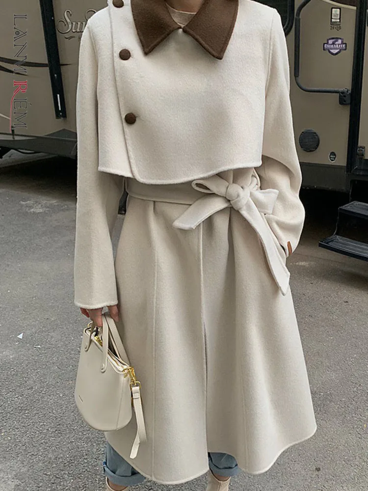 

LANMREM Double-sided Woollen Coat For Ladies Contrast Color Lapel Long Length Korean Style Luxury Clothing 2022 Winter 2R8233