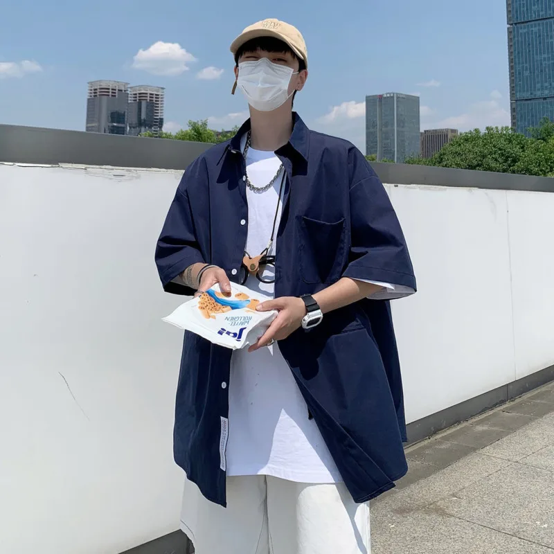 Summer Long Shirt Men Fashion Casual Blue Short Sleeve Shirt Mens Japanese Streetwear Loose Oversized Shirt Men Trench Coat