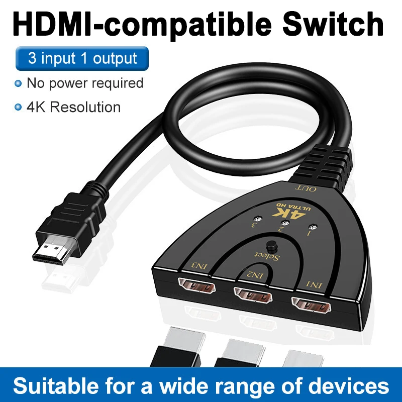 3 Port HDMI-compatible Switch Mini 4K Switcher 2K KVM Splitter VIdeo Adapter 3 Input 1 Output For Xbox PS4 DVD HDTV PC Laptop TV