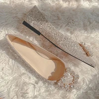 wedding shoes woman square buckle crystal pointed toe flats glitter shallow slip on comfy loafers bling bling 33 44 moccasins