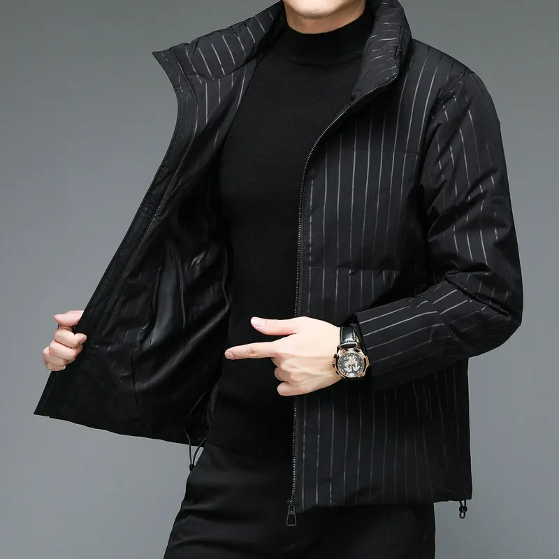 2022 Winter Men Smart Casual Puffer Jackets Black Striped Thick Warm Puff Basic Coats Male Thermal Quilted Outerwear Daily Wear