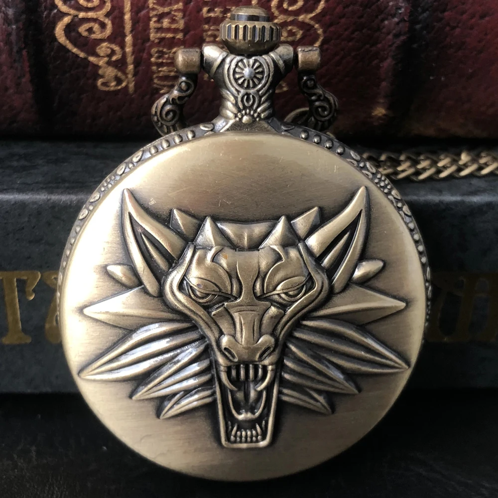 

New Arrival Bronze 3D Lion Carved Quartz Pocket Watch Necklace Pendant Gifts For Women Or Man with Fob Chain