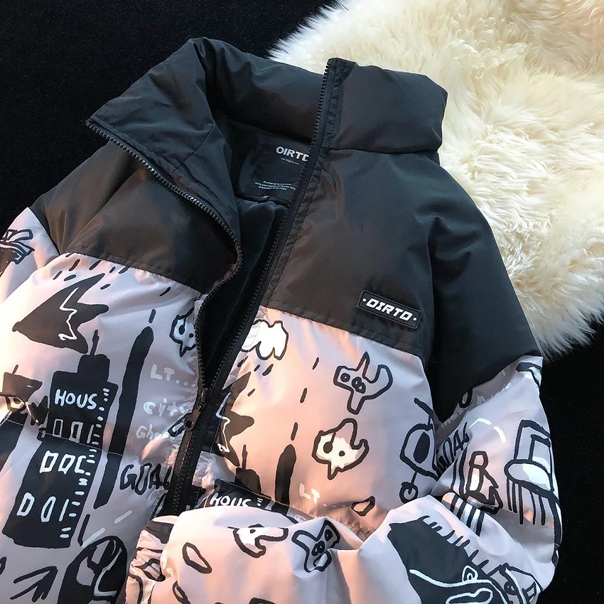 2022 Harajuku Graffiti Cartoon Print Stitching Cotton-padded Jacket Men Street Popular All-match Warm Winter Jacket Men Coat