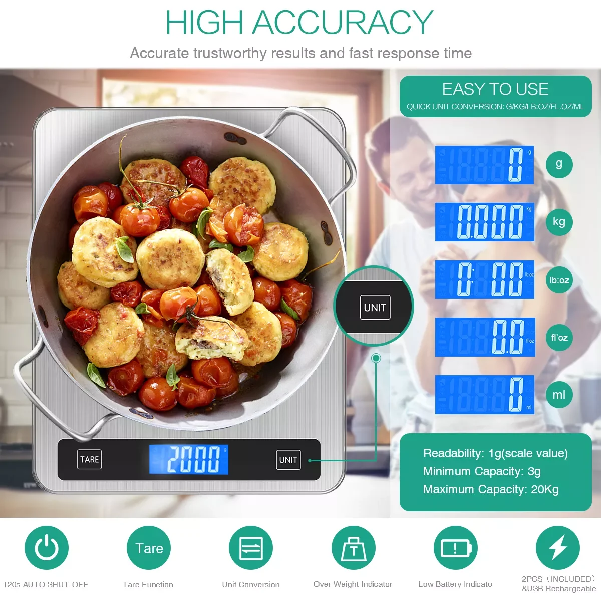 

20Kg/1g Digital Kitchen Scale USB Powered Balance Multifunction Food Scale for Baking Cooking Household Weigh Electronic Scale