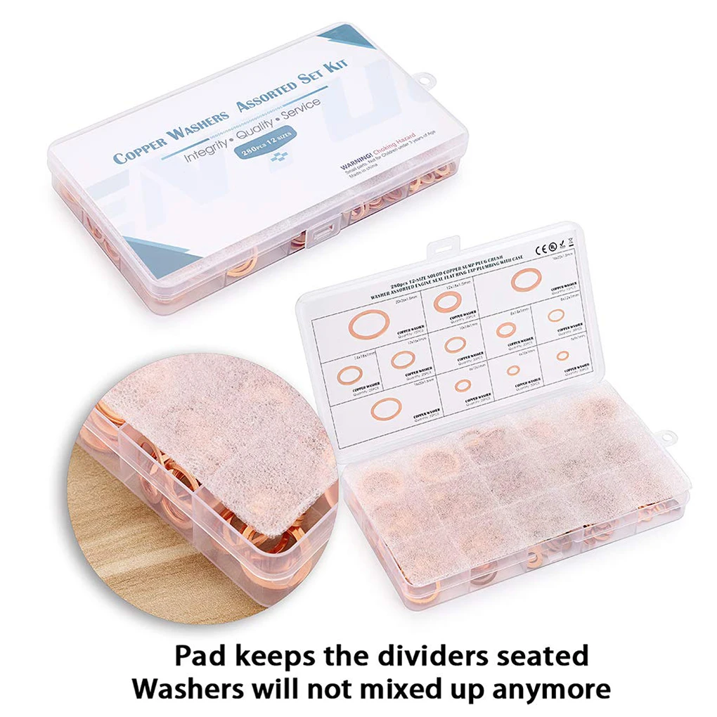 

280Pcs Kit Copper Gasket Assortment Generator Machinery Ring Business Automobile Factory Woodworking Washer Supplies