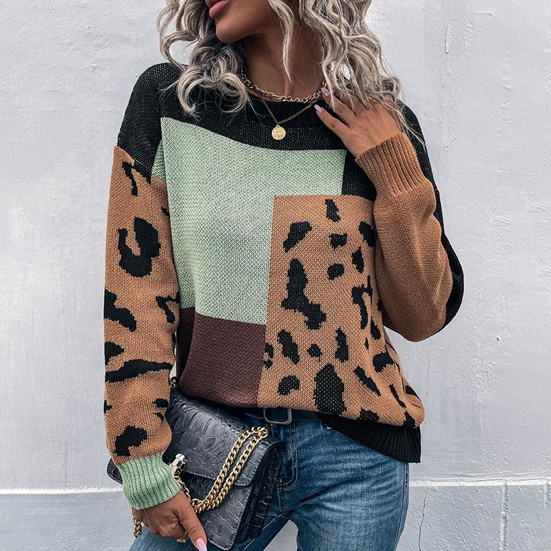 

Round Neck Pullover Color Matching Sweater New Leopard Print Sweaters Autumn And Winter 2022 Female Warm Knitwear Tops Womens