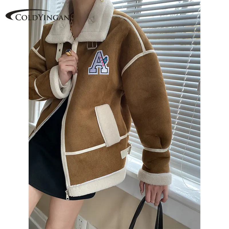 Women's Short Motorcycle Jacket Lamb Wool Coat Winter Korean Version Loose Versatile Thickened Fur One Deerskin Velvet Coat