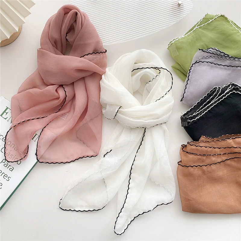 

Soft Gauze Sunscreen Shawl Headscarf Pure Color Long Silk Scarf Small Handle Bag Ribbon Skinny Thin Scarves Solid Color Fashion