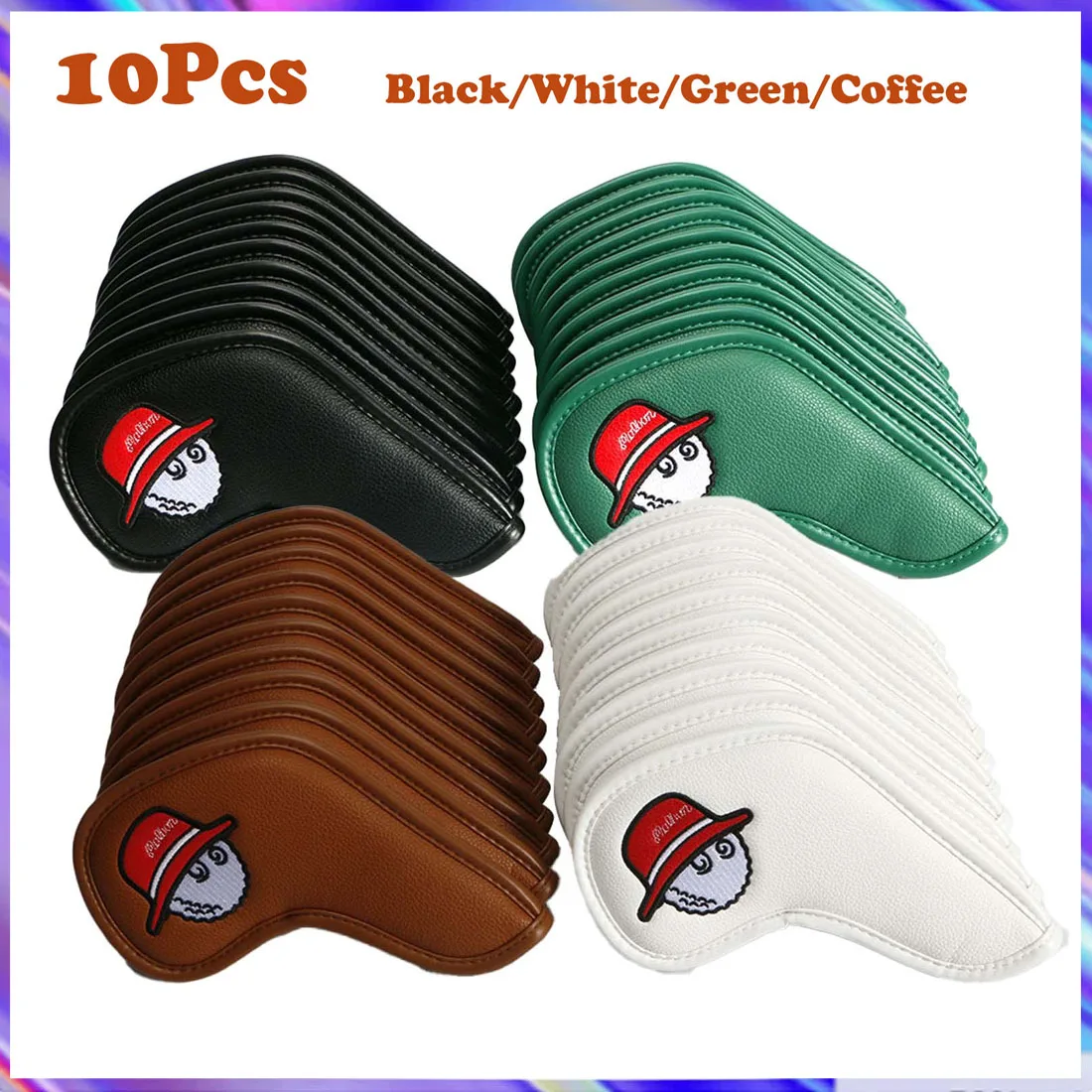 10Pcs Golf Iron Head Cover Golf Cap PU Leather Club Head Cover Golf Head Protection Sleeve Wedge Cover Golf Accessories Supplies