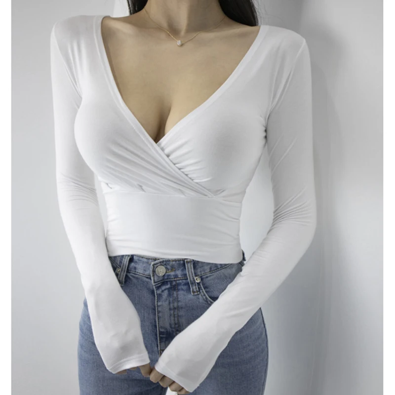 

Womens T Shirt Sexy V Neck Slim Basic Tops Female Long Sleeve Solid Folds Short Tee T-Shirts Mujer 2021 Spring Autumn Fashion