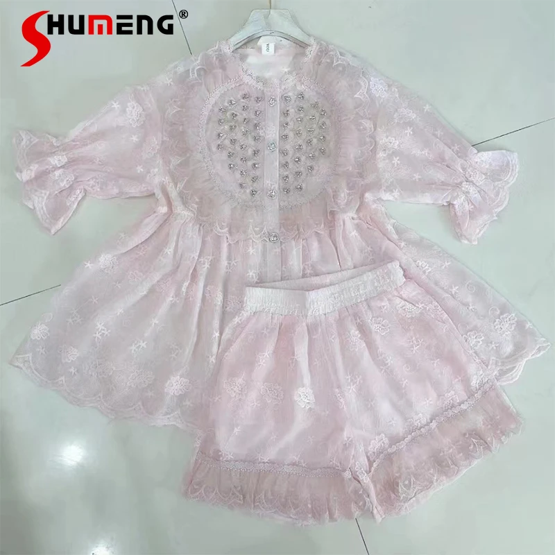 

Women's 2022 Summer New Korean Style Sweet Lace Diamonds Shirt Ladies Fashion Rhinestone Thin Casual Shorts Fairy Two-Piece Suit
