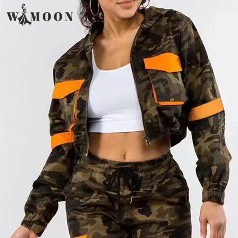 

Уличная одежда в стиле пэчворк с камуфляжными карманами, короткие камуфляжные куртки для женщин, толстовка с длинным рукавом, укороченный т...