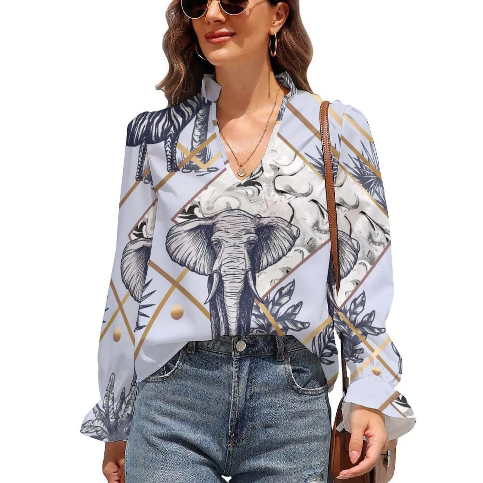 

Elephant Blouse Wildlife Animal Print Street Fashion Chiffon Blouses Summer V Neck Long Sleeve Office Shirt Female Graphic Tops