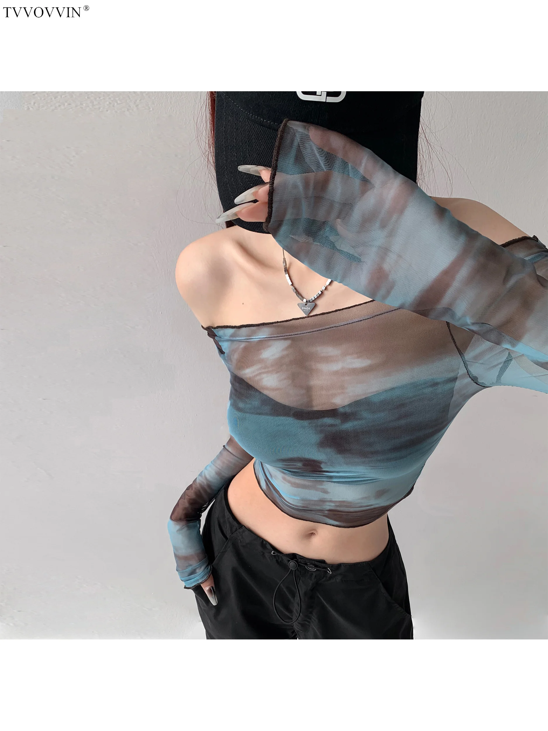 

2023 Summer New WOMENGAGA European And American Style Tie Dye Printed One Line Neck Lace Flare Sleeve Long Sleeve T-shirt J0Z3