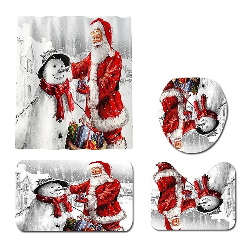 

Snowman Santa Claus Shower Curtain Set Non-Slip Bathroom Mat Rug Christmas Toilet Cover Bath Mat Festival Decor