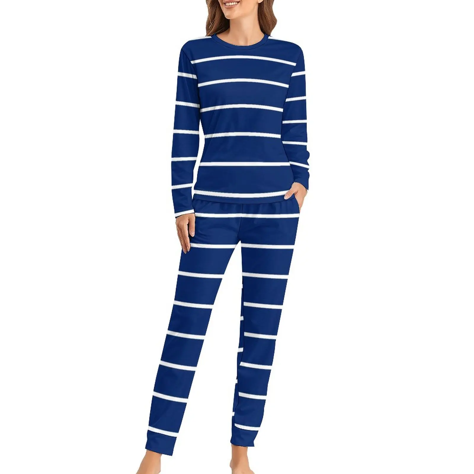 

Nautical Blue Pajamas White Stripes Print Elegant Sleepwear Long Sleeves 2 Pieces Casual Pajamas Set Oversized Home Suit Gift