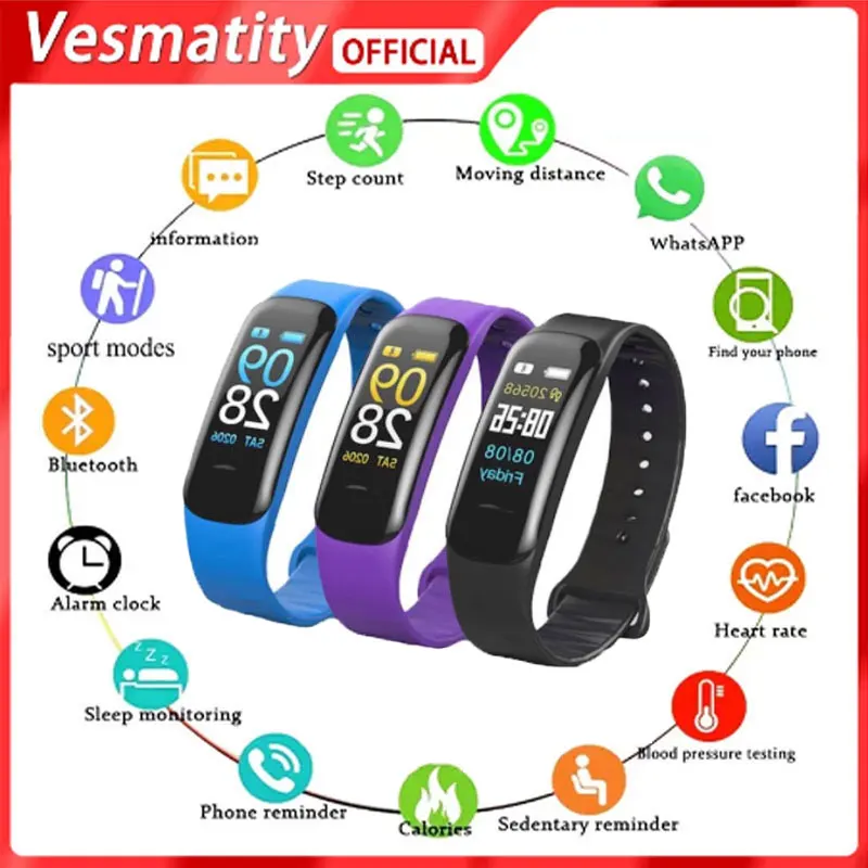 

Vesmatity C1plus Color Screen Smart Bracelet Waterproof Bluetooth Watch Pedometer Heart Rate Blood Pressure Sports Smart Watch