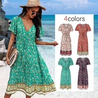 vacation style floral printed dress women v neck short sleeve bohemian dress summer beach sundress