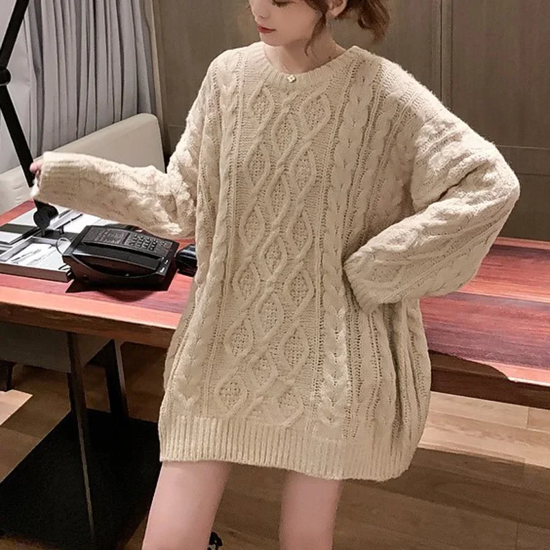 

Women Chunky Cable Loose Knit Sweater Pink Crew Neck Oversized Jumper Pullovers Autumn Winter Outfit All Match