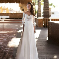 bohemian wedding dress lace with floor length illusion scoopneck full sleeve chiffon bride gowns backless button robes de mari%c3%a9e