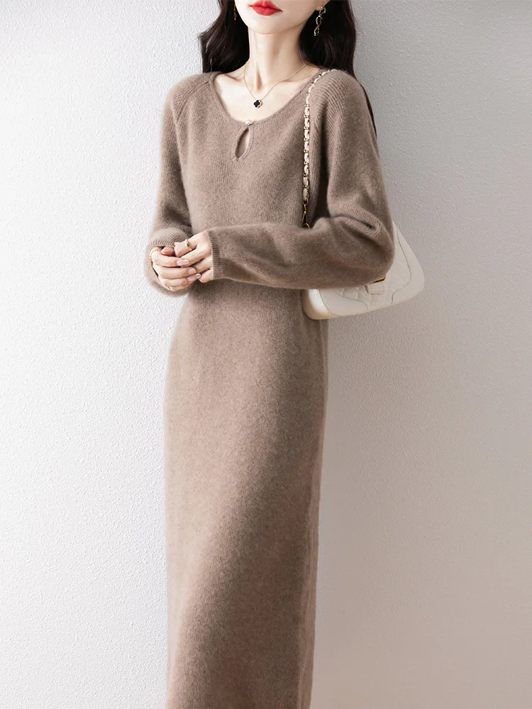 Женское платье из чистой шерсти с v-образным вырезом 00 осенне-зимнее