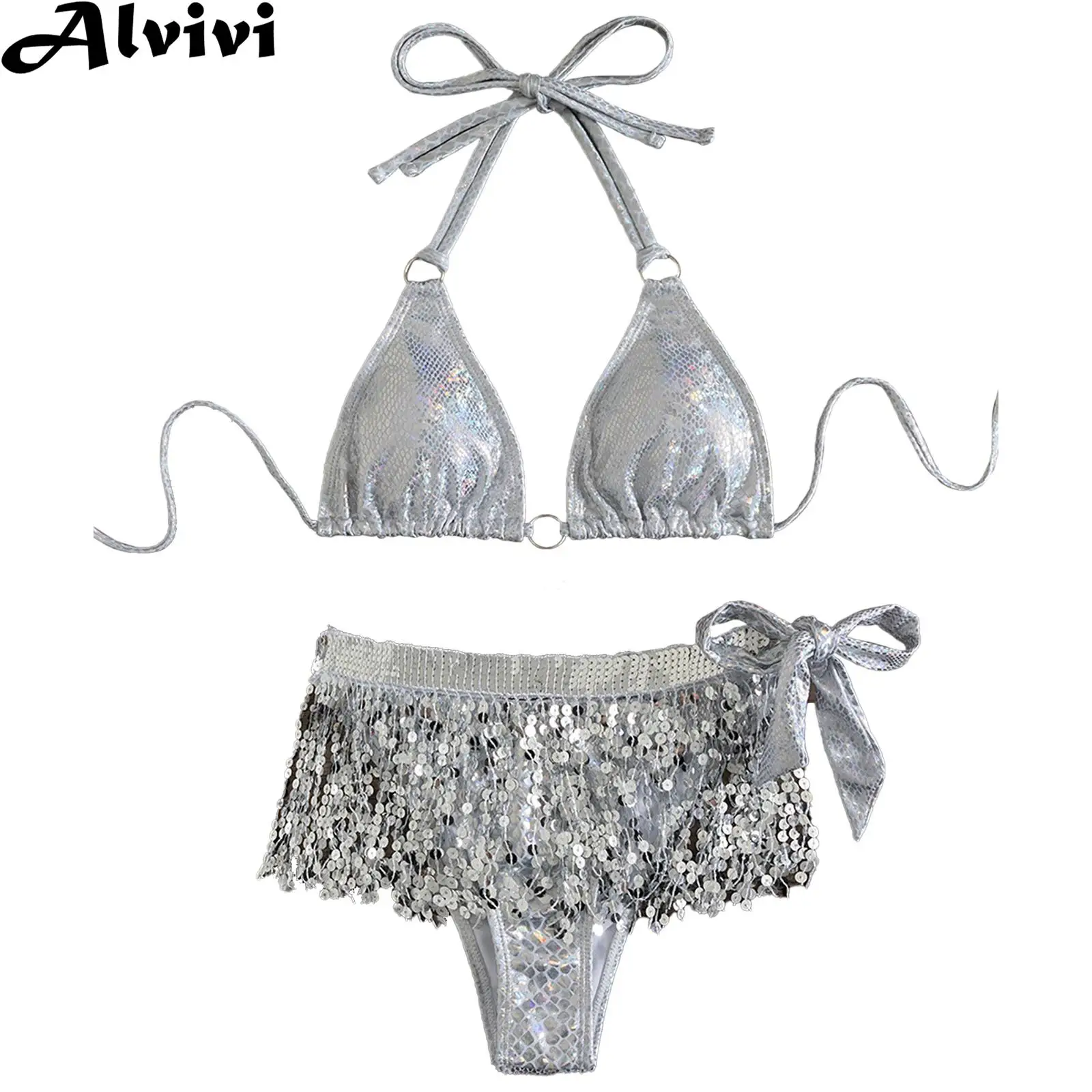 

Women Shiny Snakeskin Print Bikini Set Swimsuit Halter Lace Up Padded Bra with Thong Tassel Skirt Sunbathing Beachwear Swimwear