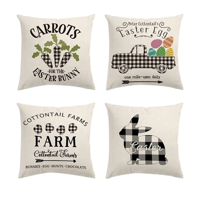 

Hot YO-4Pcs Easter Pillow Covers 18X18 Inch, Happy Easter Spring Decoration Rabbit Carrot Egg Truck Linen Pillowcase Home Decor