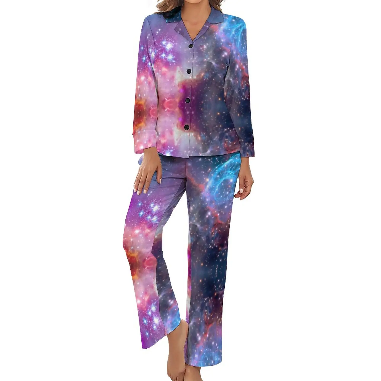 

Colorful Sky Print Pajamas Long Sleeve Super Galaxy 2 Pieces Night Pajama Set Women V Neck Cute Nightwear
