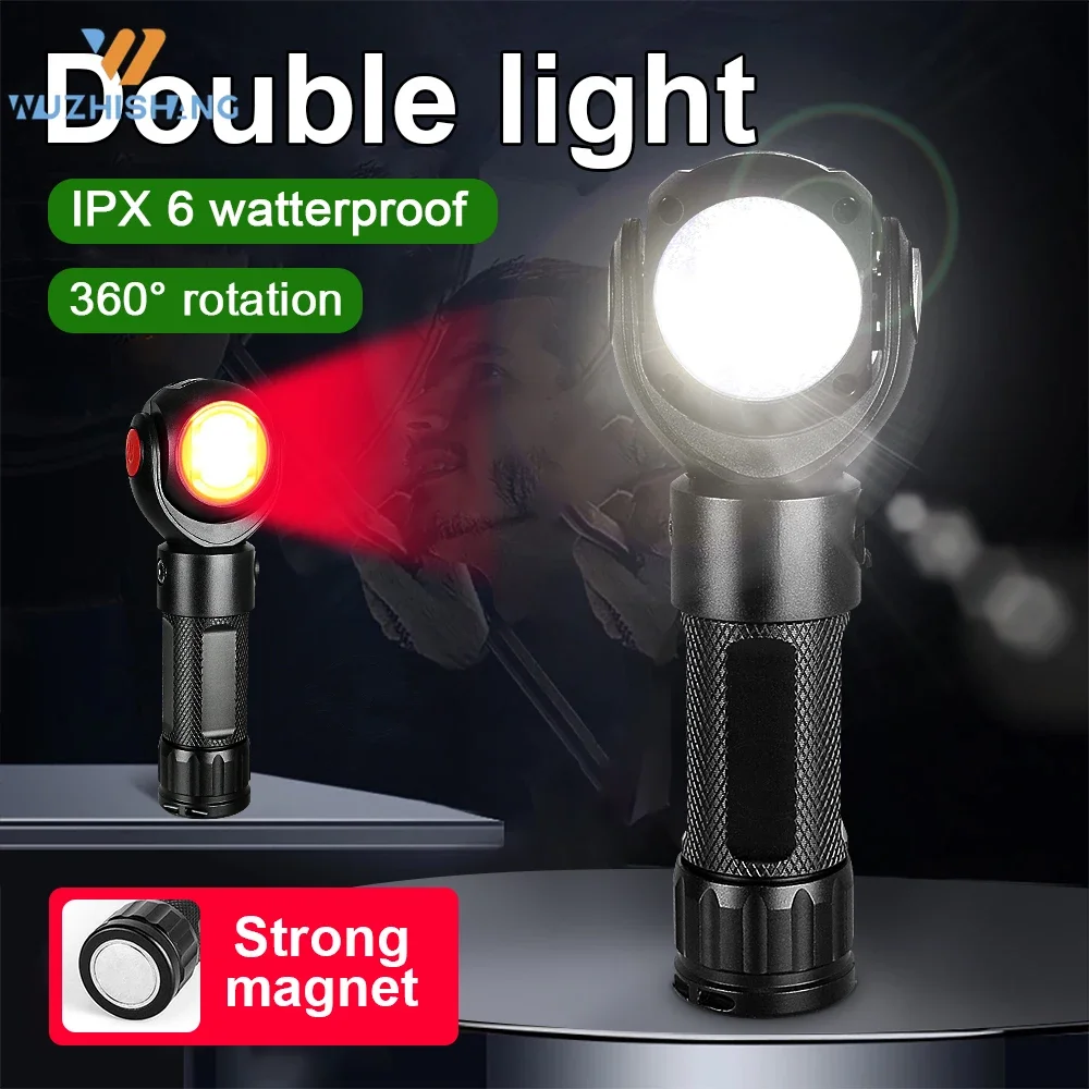 

Портативный фонарик T6 + COB с 7 режимами работы, красный и белый цвет, регулируемый угол 360 °, фонарик с USB-зарядкой, магнитом 18650 или 26650