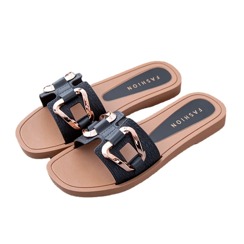 

Summer New Women Shoes Fashion Metal Buckle Flat Sandals Simple Outer Wear Slippers Light Beach Shoes Non-slip Flip-flops Slides
