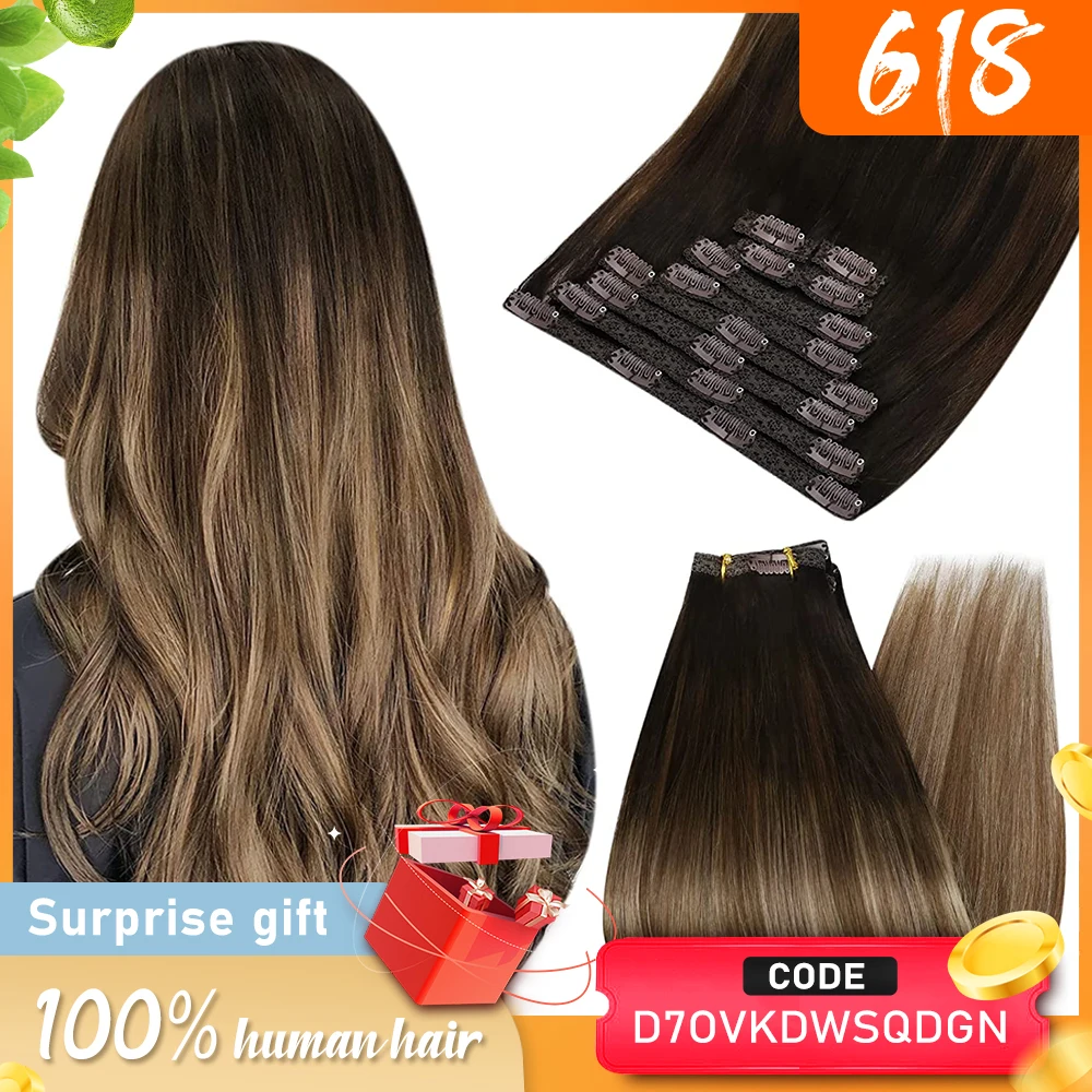 Ugeat Clip In Hair Extensions Human Hair Real Remy Hair Highlight Blonde Color Full Head Balayage Bralizian Hair Extensions 7Pcs