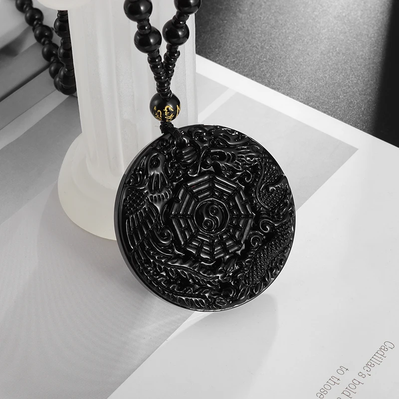 

Black Stone Engraving Classic Vintage Gossip Dragon Phoenix Pattern Pendant Necklace Men Women Fashion Amulet Necklace Gift