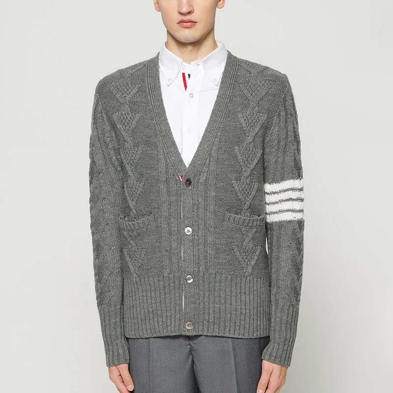 

THOM TB Men's Long Sleeve Open Front Thick Sweater Cardigan Autunm Winter Designer Brand Knitted Coat Merino Wool Sweaters