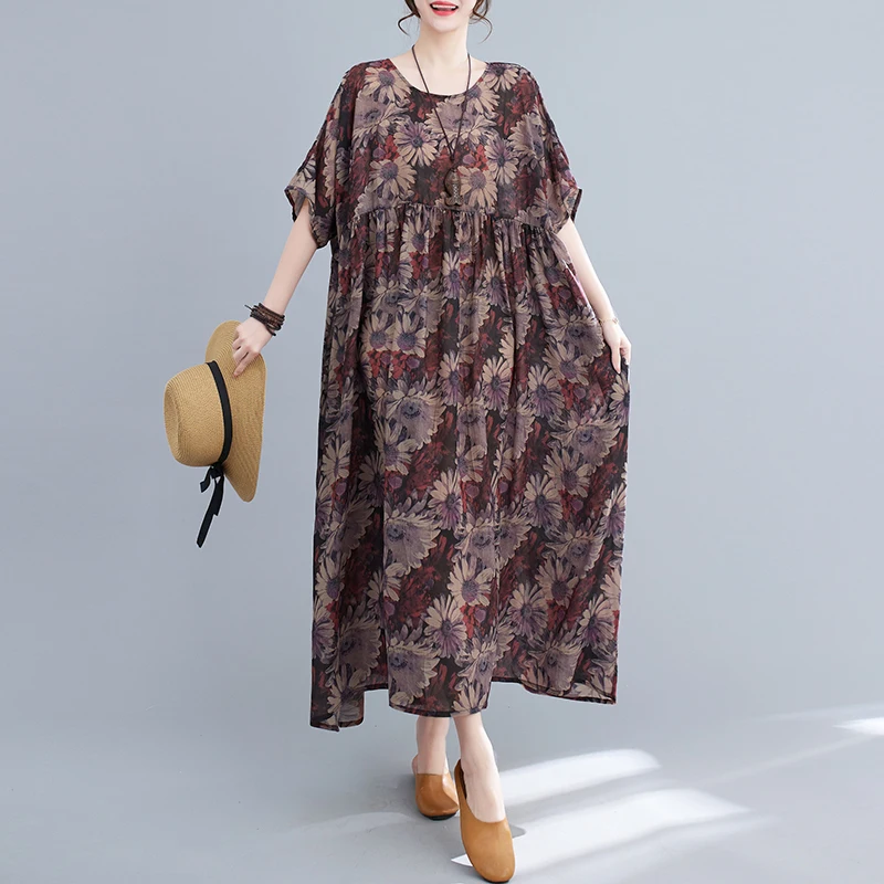 

Женское свободное платье до щиколотки, повседневное ТРАПЕЦИЕВИДНОЕ ПЛАТЬЕ из полиэстера с круглым вырезом, коротким рукавом и винтажным цветочным принтом, модель V459 на лето, 2023