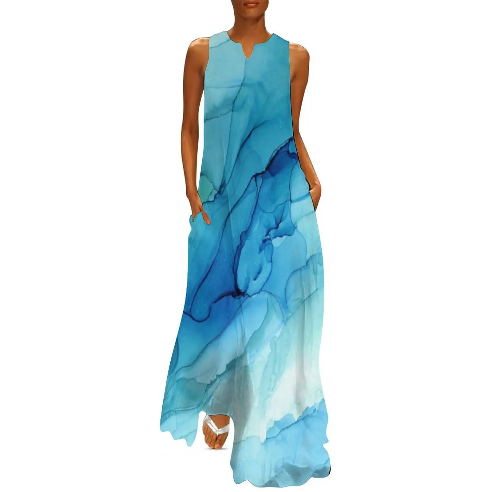 Синее Изумрудное Водное Омбре Абстрактные Чернила Длинное Платье одежда для