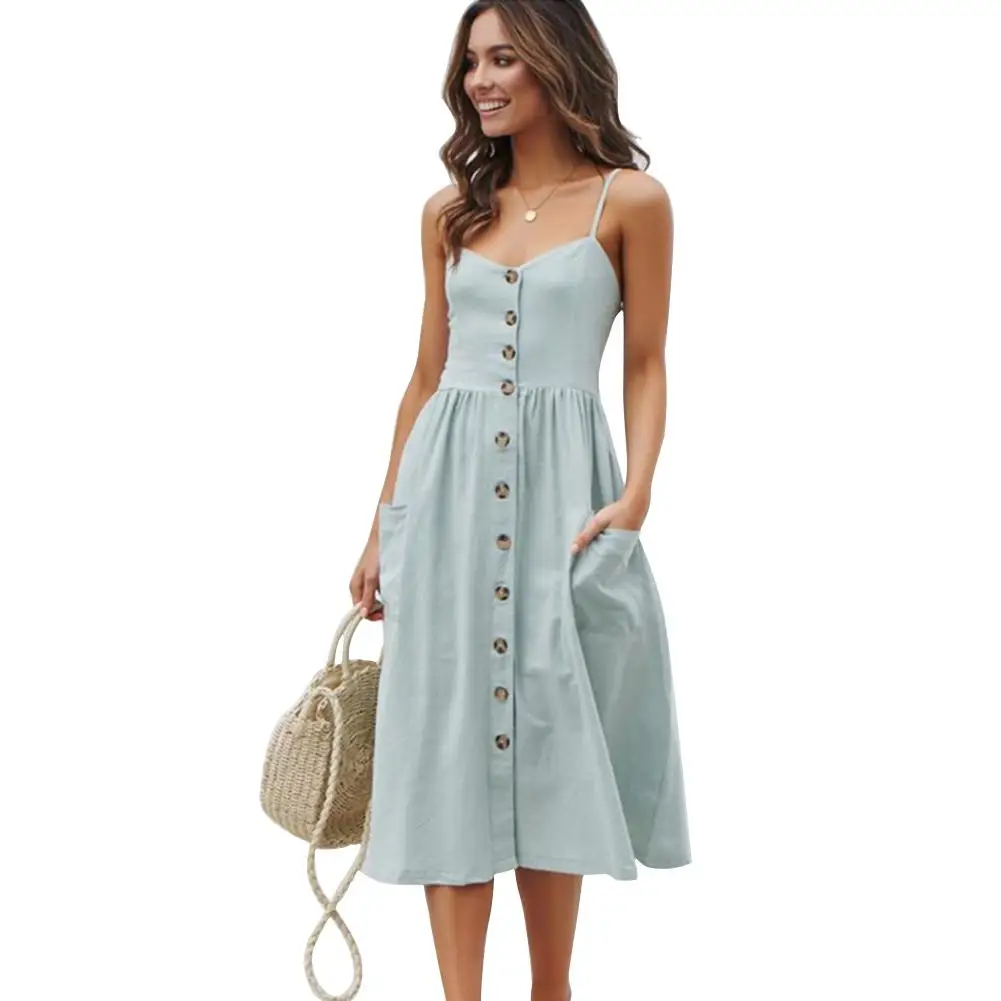 

Women Beach Dress Ladies Single-Breasted Sling Dress Casual Solid Color Dress Suitable for Spring Autumn and Winter