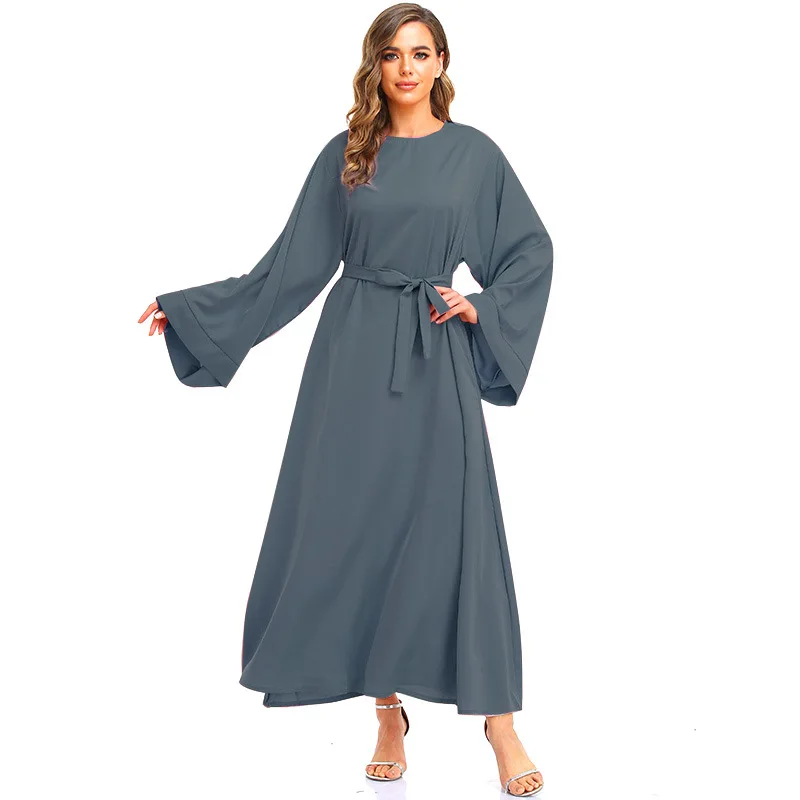 Muslim Abayat Solid Color Loose Lace Robe Femme Musulman Trumpet Sleeve Ladies Dress for Middle East, Europe and America