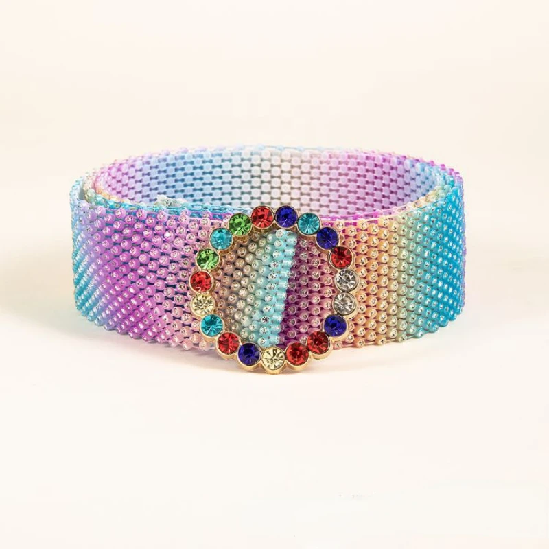 Summer Colorful Rhinestone Belt for Women Rainbow Round Buckle Dresses Fashion Accessories Luxury Designer Full Diamond Belt New