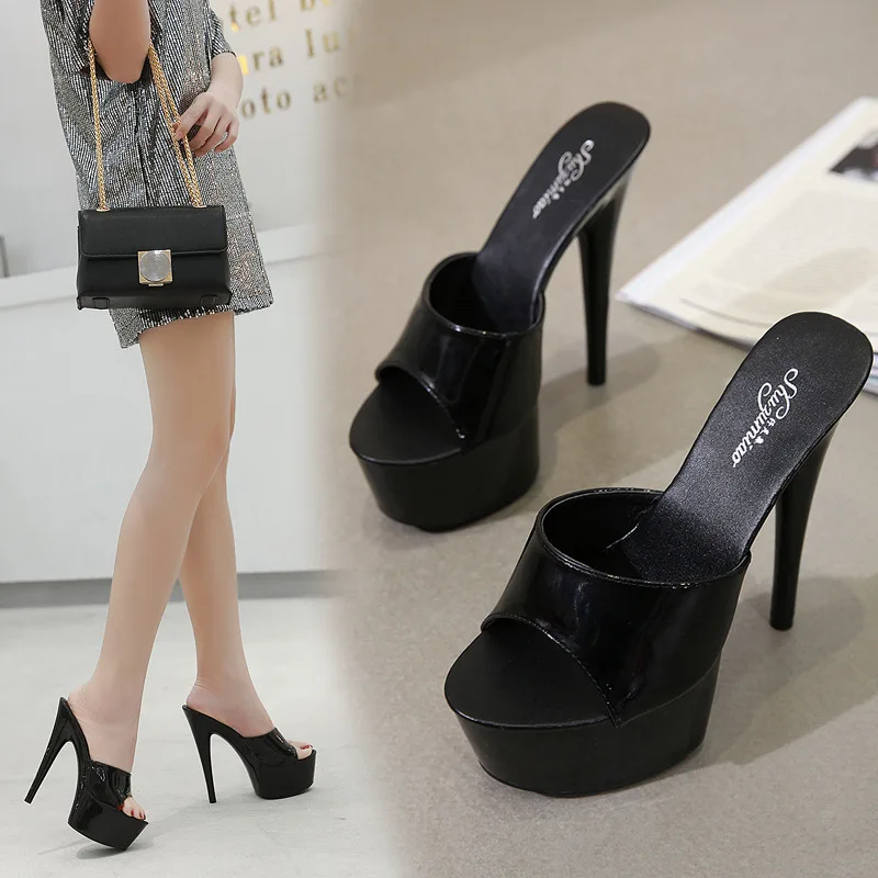 

2022 Slippers Women Summer New Black High Heels 15cm Color Club Sexy High Platform Thin Party Girl Show Sandals Plus Size 34-43