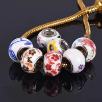 10pcs flower patterns round 14mm ceramic porcelain european charms loose big hole beads lot for diy bracelet jewelry making
