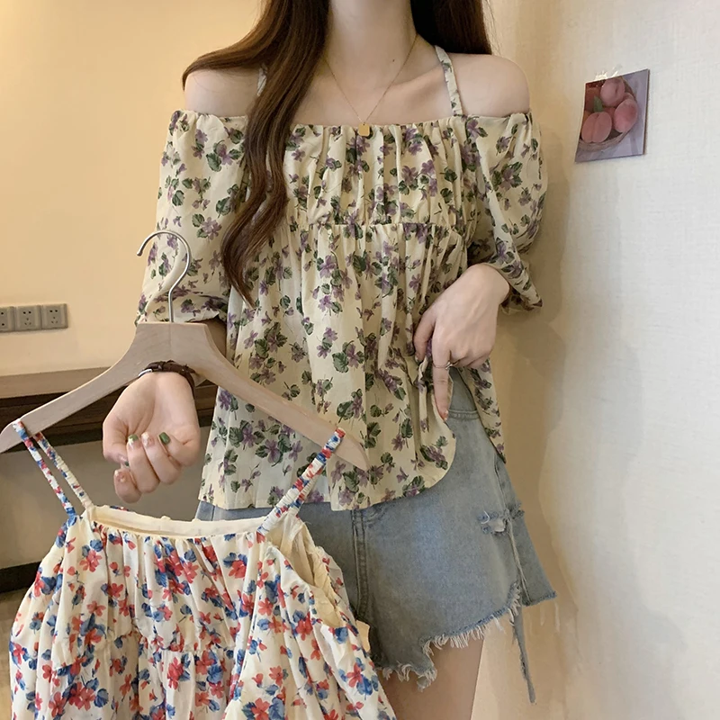 

2023 Summer New Short Puff Sleeve Shirt Sweet Floral Blouse Sexy Slash Neck Off Shoulder Camis Blouse Loose Tops Clothes 27371