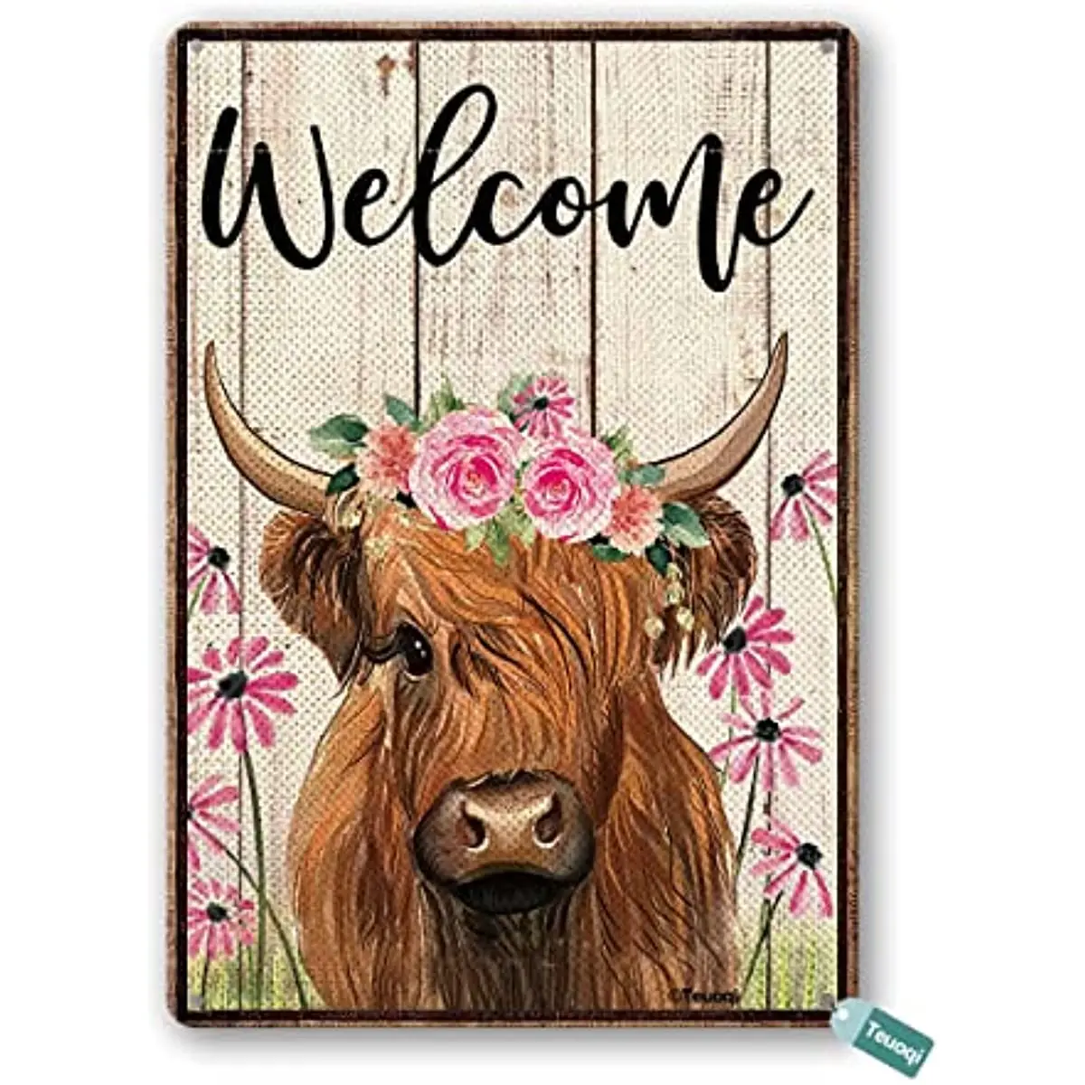 

New Retro Tin Sign Welcome Spring Floral Cow Farmhouse Highland Cow Decor Spring Summer Daisy Flowers Porch Valentines Day