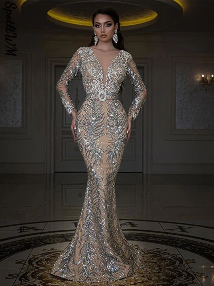 

Elegant Club Sequins Slim Long Women Sleeve Luxury Solid Bodycon Dresses Dress Party Lady Sexy Dress Female Fashion V-neck Deep