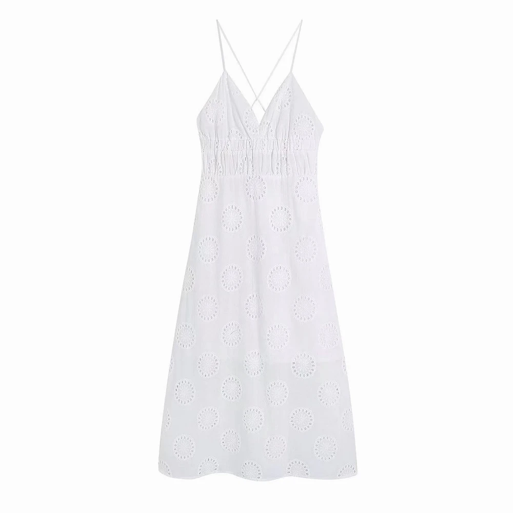 

White Cotton Dress Women Summer 2022 New Clothing Hollow Out Embroidery With Lining Fit Flare Feminino Spaghetti Strap Vestidos