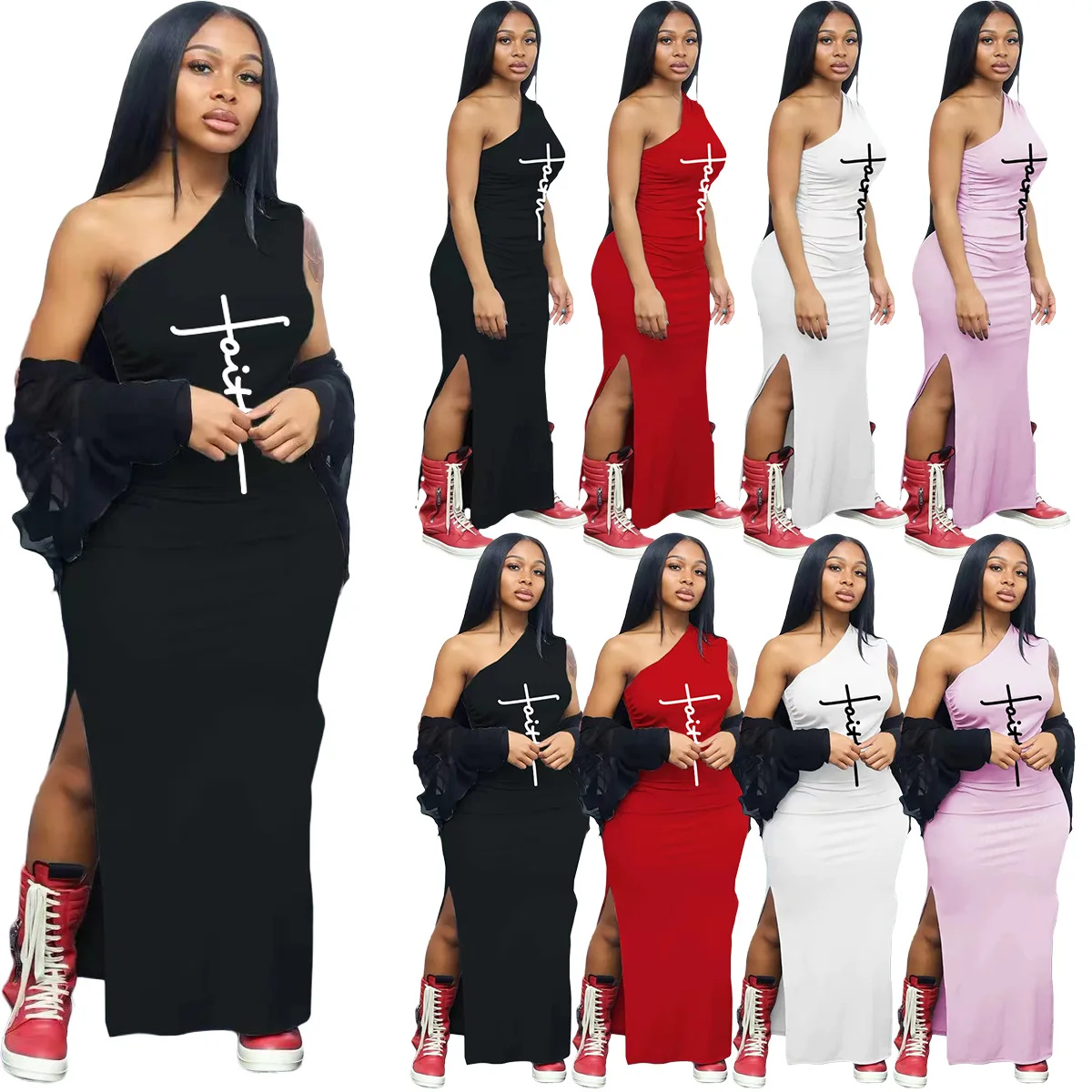 

Women One Shoulder Sleeveless Faith Print Split Sexy Night Party Club Bodycon Midi Maxi Long Dress 2022