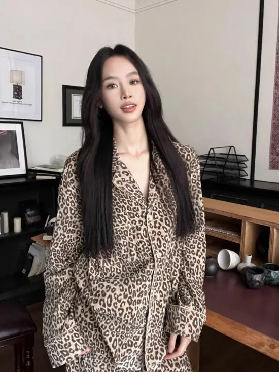 Qiake Girl американские винтажные пижамы с леопардовым принтом и лацканами женская