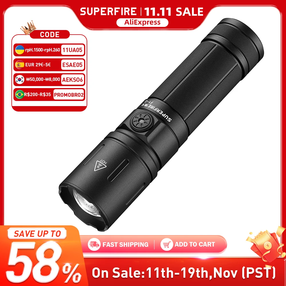 

SUPERFIRE F1-G USB-C перезаряжаемый светодиодный фонарик, белый/теплый свет